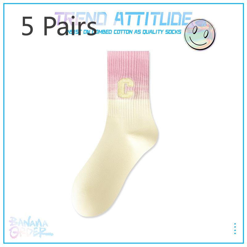 5 Pairs of Female Autumn and Winter Cotton Trend Embroidery Gradient Color All Match Sports Tube Socks