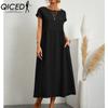 QICED Women's Fashion Summer Spring Solid Color Print O-Neck High Waist Casual Dresses
