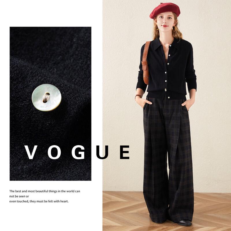 TUHUANG Women's Pure Wool Shirt Collar Cardigan