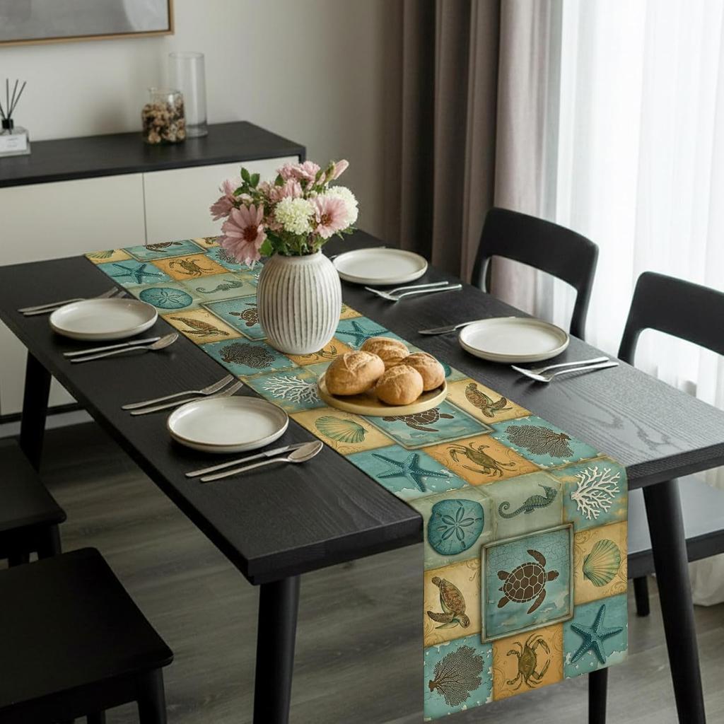 Summer Sea Turtle Crab Starfish Linen Table Runner Party Decor Reusable Kitchen Dining Table Runner Wedding Decorations
