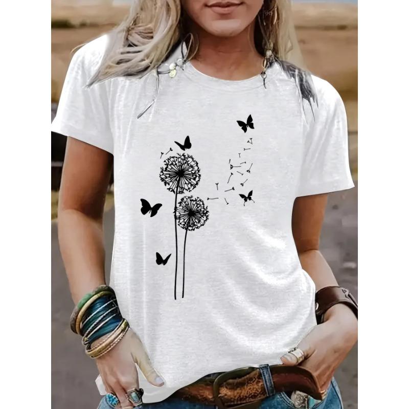 

Women s Dandelion Patterned Round-neck Short-sleeved Casual and Fashionable T-shirt XL белый