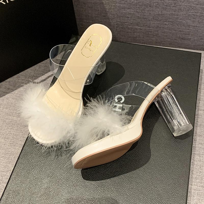 Slippers Women's Summer New Open Toe Plush Fox Fur Chunky with Flip Flops Sexy Home Banquet Square Toe Simple Pumps