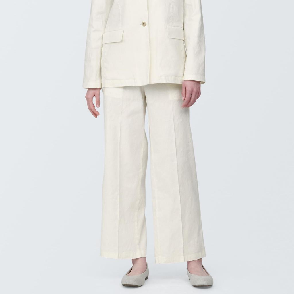 MUJI Women's Hemp Blend Stretch Straight Pants, Off-White, Size XL, BE1QVA4S