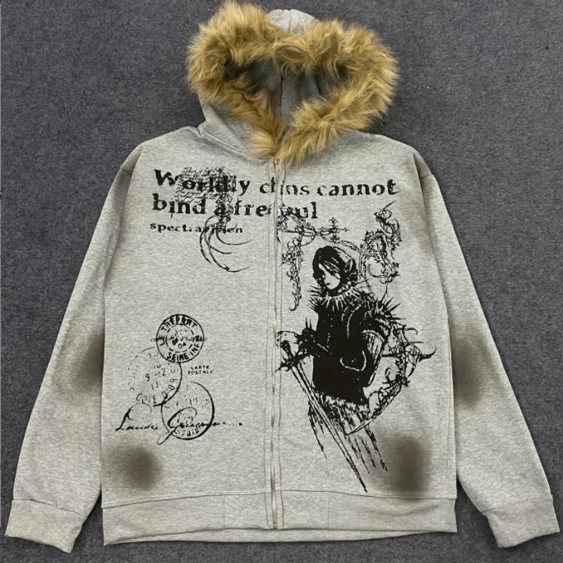 

European and American autumn and winter pure color casual personality graffiti print plush hat edge trend women s fashion hooded sweatshirt S