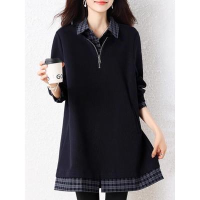 2025 Pullover Loose Splicing Fake Two-piece Temperament Lapel Long-sleeved Sweatshirt for Women