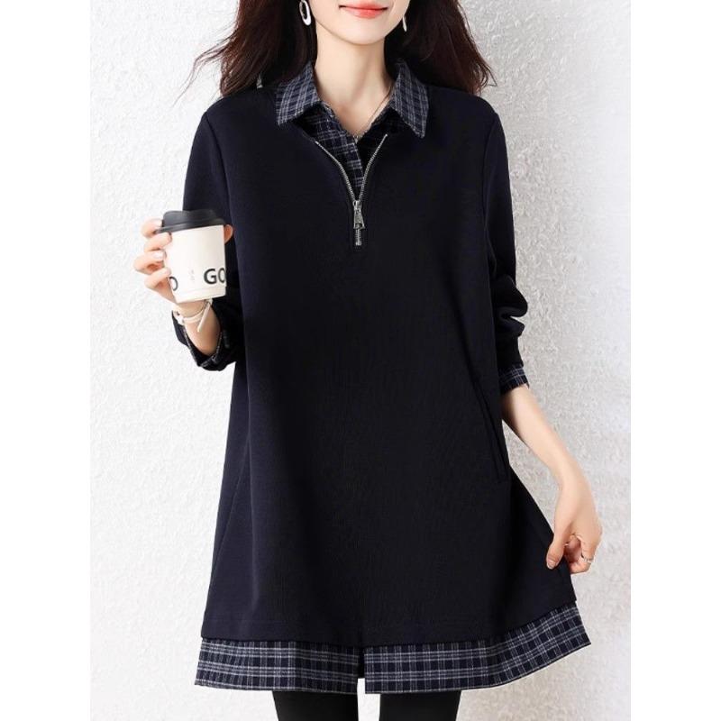 

2025 Пуловер Свободный Сращивание Имитация Двойки Темперамент Лацкан Длинный рукав Толстовка для женщин XXL