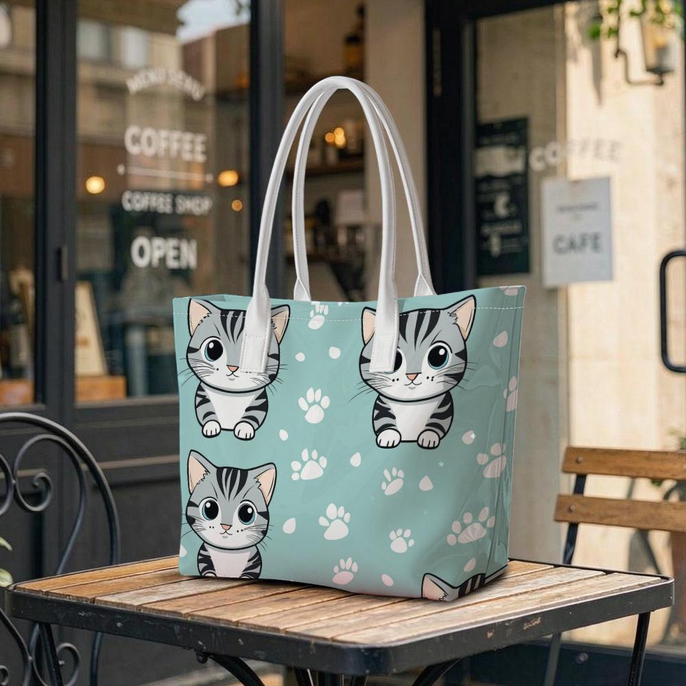 Cute Cat Pattern Tote Bag Casual Daily Shopping Shoulder Bag Lightweight Portable Ladies Handbag