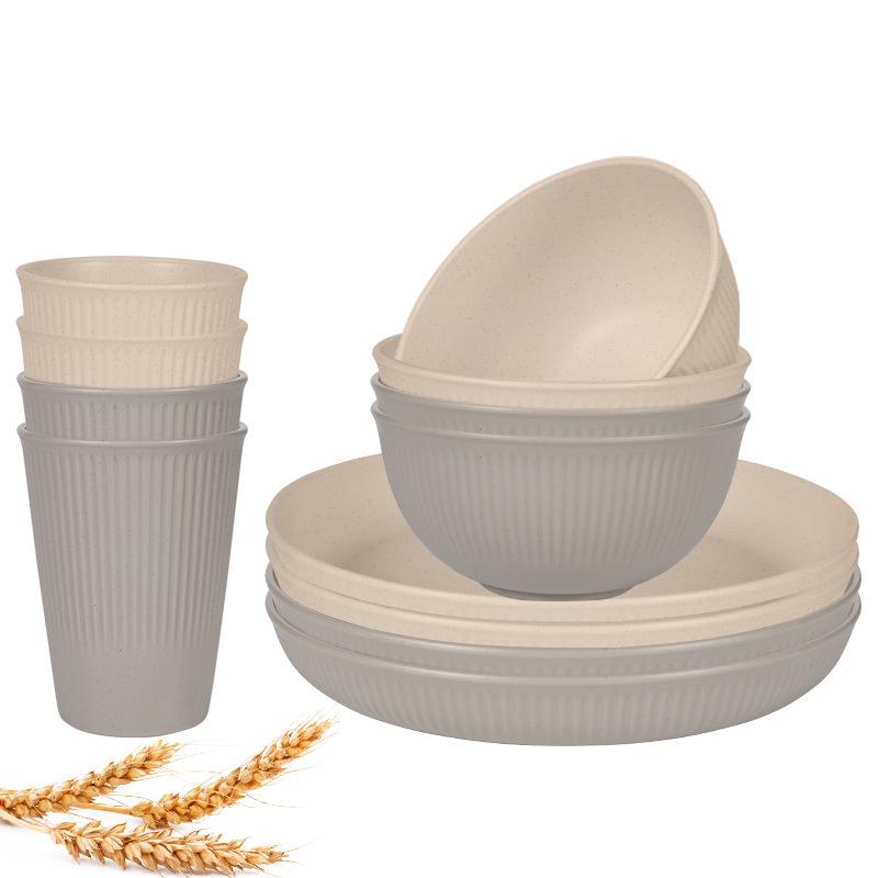 12 ks Sada nádobí ze pšeničné slámy Nerozbitná sada talířů a misek Opakovaně použitelné sady nádobí Vhodné do myčky a mikrovlnné trouby