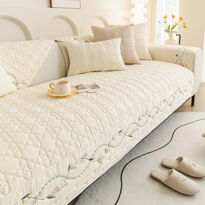 Cotton Washed Embroidered Sofa Pad Non-Slip All-Purpose For Four Seasons Seater Cover Pure Color Gentle On Skin Couch Protector