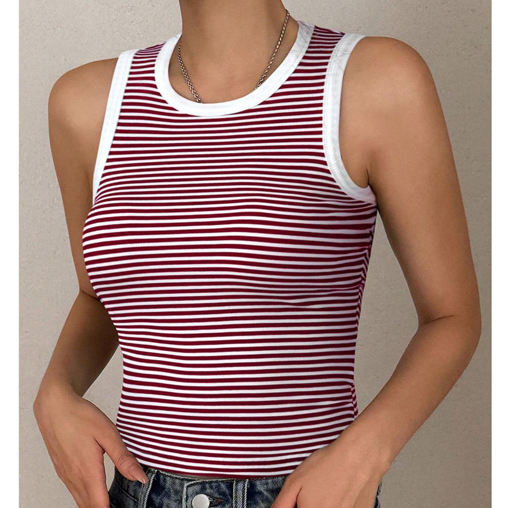Women's Loose Casual Knitted Striped Contrasting Top, Vest, And Base Shirt