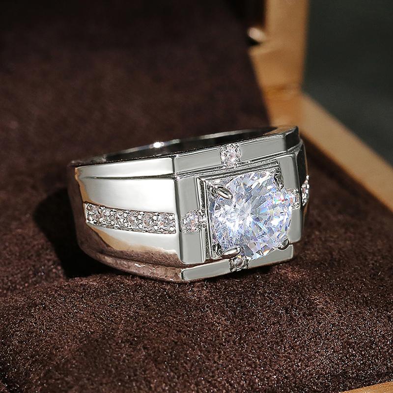 Huitan Luxury Silver Color Round Cubic Zircon Rings for Men Classic Wedding Ceremony Ring Dazzling Male Accessories Jewelry