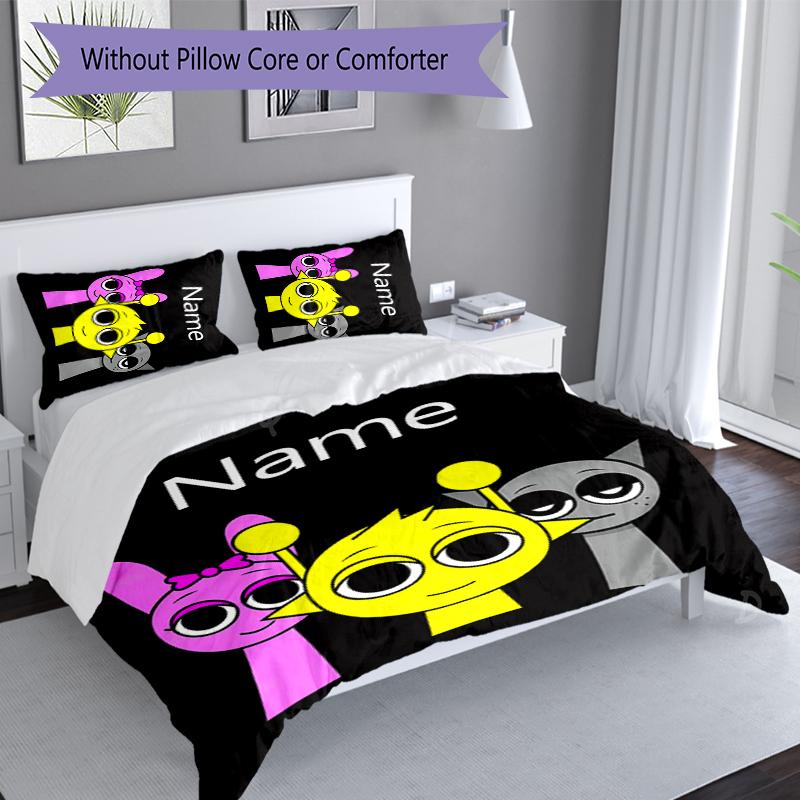 3pcs Custom Name Sprunki Themed Bedding Set,Includes 1 Duvet Cover and 2 Pillowcases,All-season Bedroom Decor