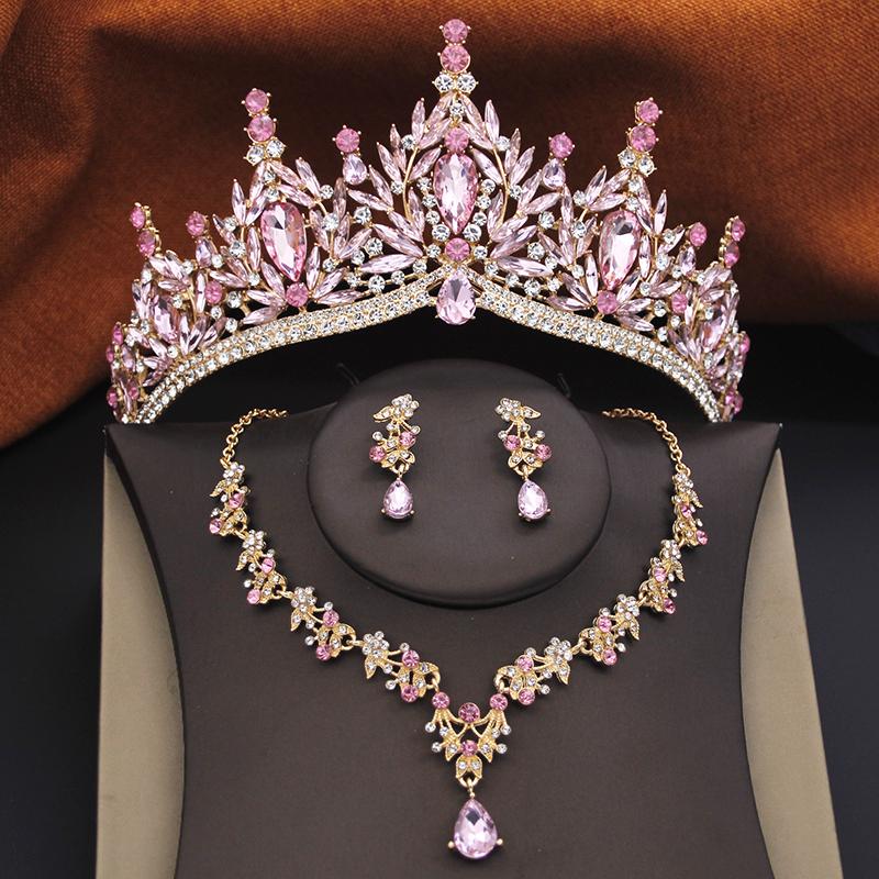 3 Pcs Princess Wedding Crown Jewelry Sets and Tiaras Green Pink Bride Necklace Earrings Set Girls Prom Birthday Accessory