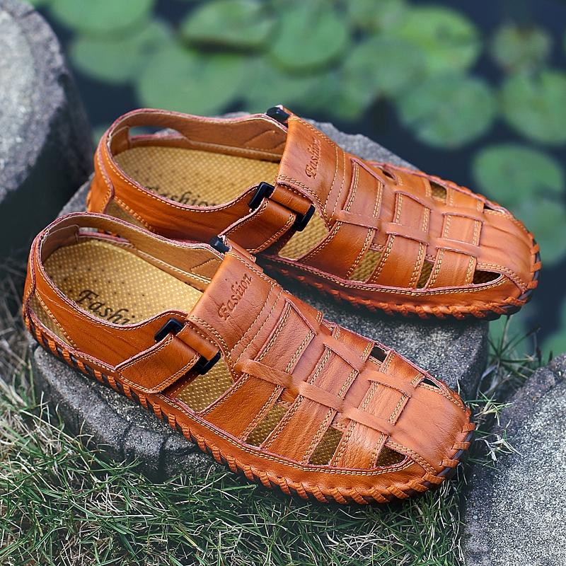 Men Outdoor Hiking Sandals Black Leather Closed Toe Yellow Beach Shoes Wide Handmade Sandals Plus Size for Father