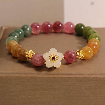 Women's Natural Tourmaline Flower Bracelet: Chinese Style Fu Character, Seven-Color Beads, Ideal Gift for Bestie or Girlfriend.