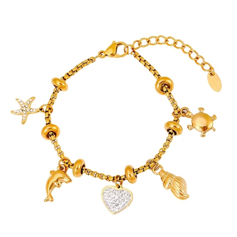 Elegant Sun And Moon Charm Bracelet With Crystal Accent Titanium Steel Lightweight Daily Wear Jewelry