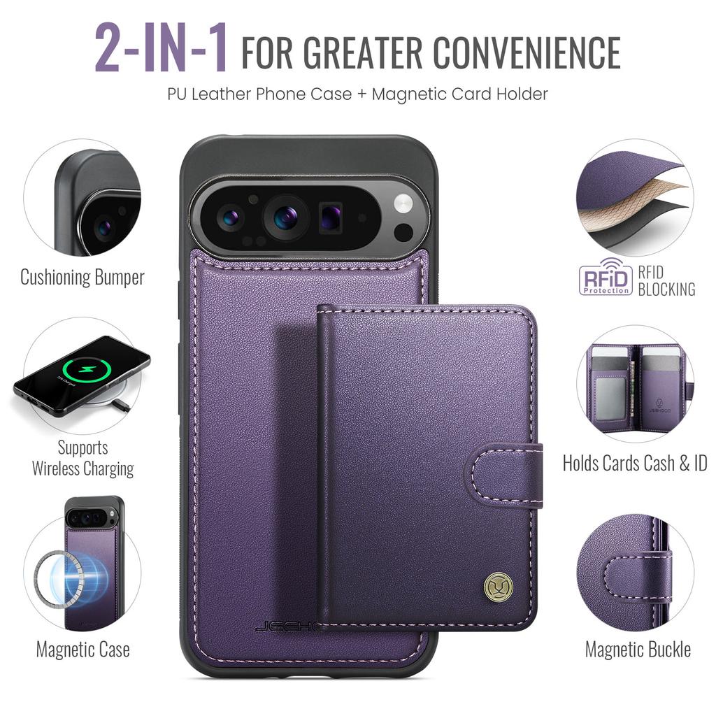 For Google Pixel 9 Pro XL Case JEEHOOD J09 RFID Blocking Card Holder Leather Back Phone Cover Magnetic Case