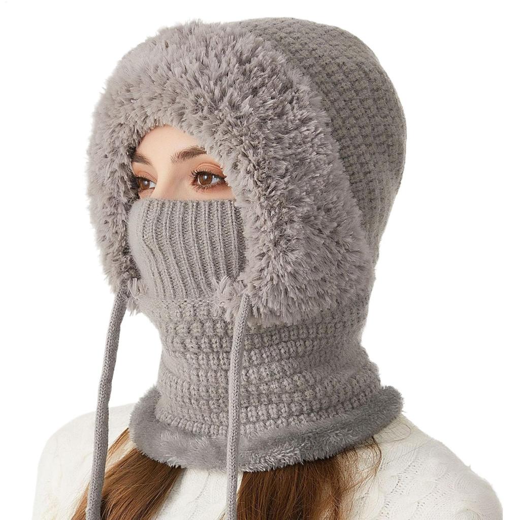 Winter Balaclavas Hat Scarf for Women Knsitted Hooded Caps Outdoor Warm Slouchy Warm Skiing Hat Outdoor Ear Protection Beanies