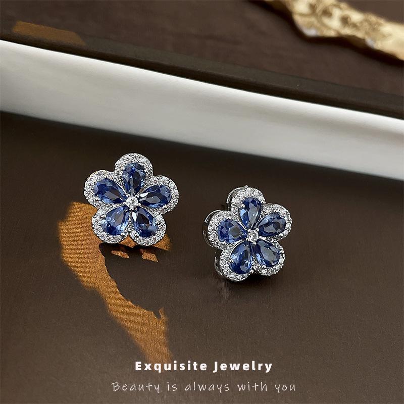 Retro niebieskie cyrkoniowe kwiatowe kolczyki sztyfty ze srebra spersonalizowane wykwintne kolczyki