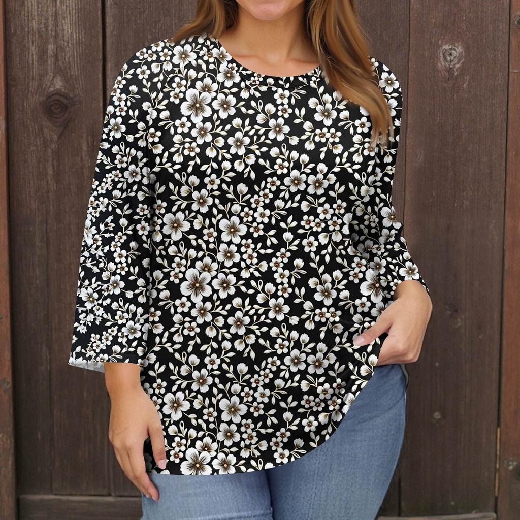 Women's Fashion Casual Print Round Neck 3/4 Sleeve T-Shirt Top