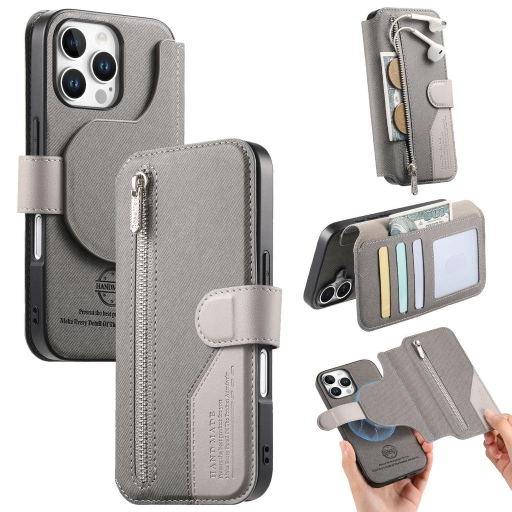 2 In1 Detachable Zipper Leather Wallet Flip Case For iPhone 16 Pro Max 15 14 13 12 11 16E 16Plus Luxury RFID Stand Book Cover