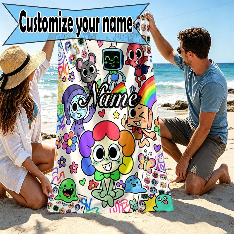 Custom Name Personalized Dandy's World Print Beach Towel, for Trip Camping Beach Party Home Decor, Birthday Gift for Family & Friends