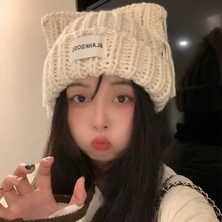 Cat Ear Tassel Woolen Hat for Women In Autumn and Winter Warm and Cute Versatile Ins Fashion Knitted Cold Hat for Students Out On The Street