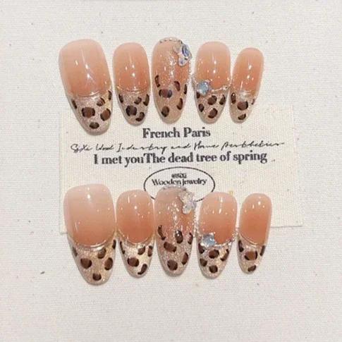 10 Pcs Autumn Winter Handmade Cat Eye Leopard Rhinestone Almond Acrylic Press On Nails Full Cover False Nail Tips