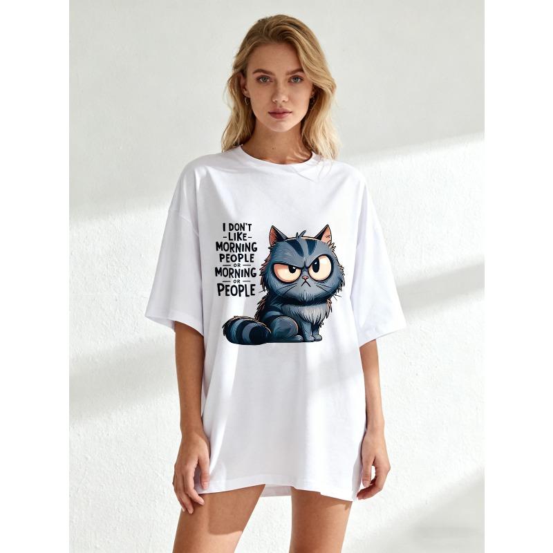 Cute Cat Graphic Oversized T-Shirt Black I Don't Like Morning People Or Morning Or People Print Unisex Casual Wear For Home And Everyday Use