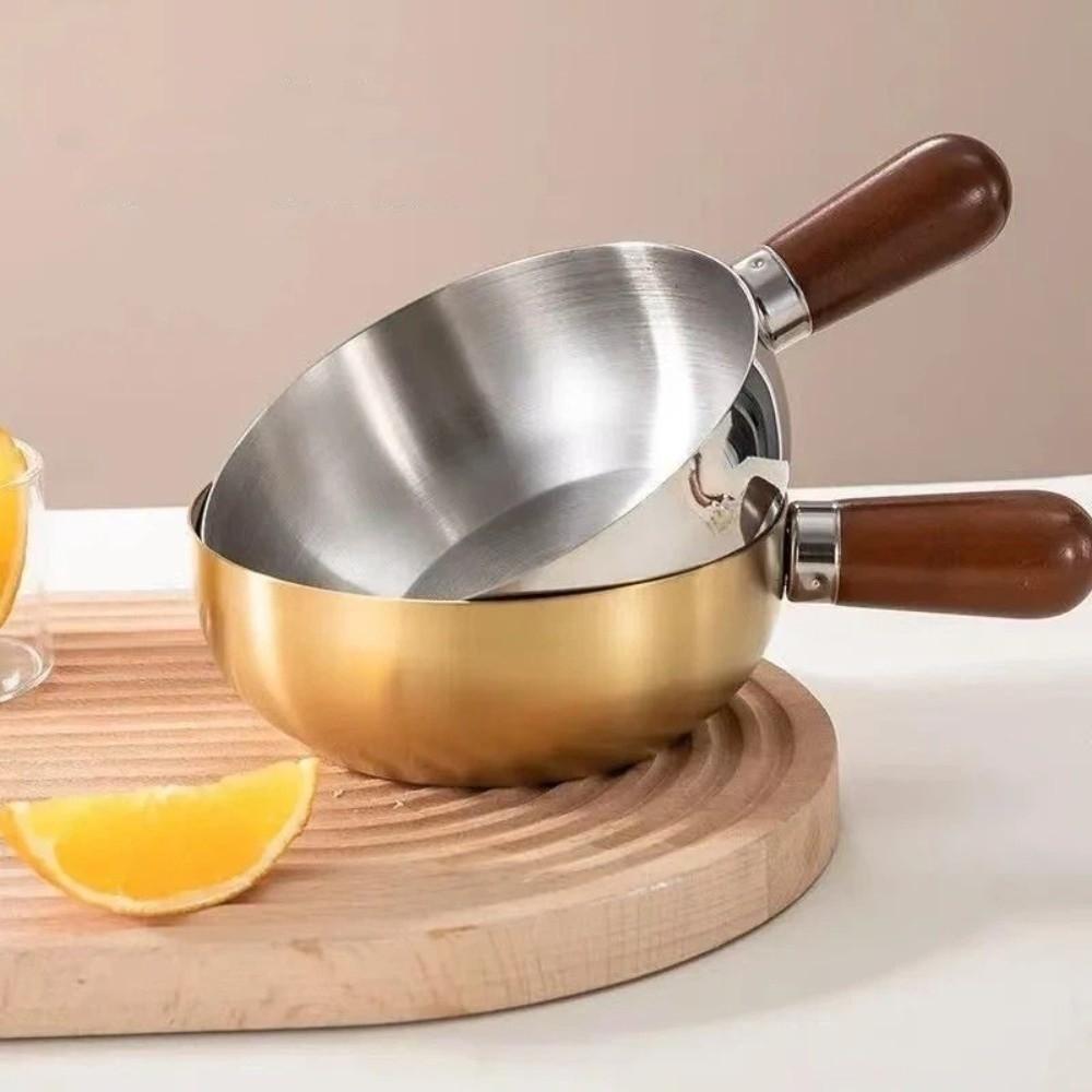 Mini Size 201 Stainless Steel Pot Portable Multi-Function Small Pot Bowl Walnut Wood Handle Heat-Resistant Salad Bowl