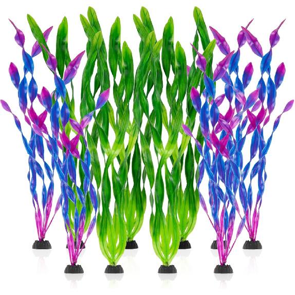 Artificial Aquarium Plants Decorations - 10Pcs Green & Purple Tall Artificial Seaweed Fish Tank Decorations,Aquarium Decor Set,Plastic Plants Betta