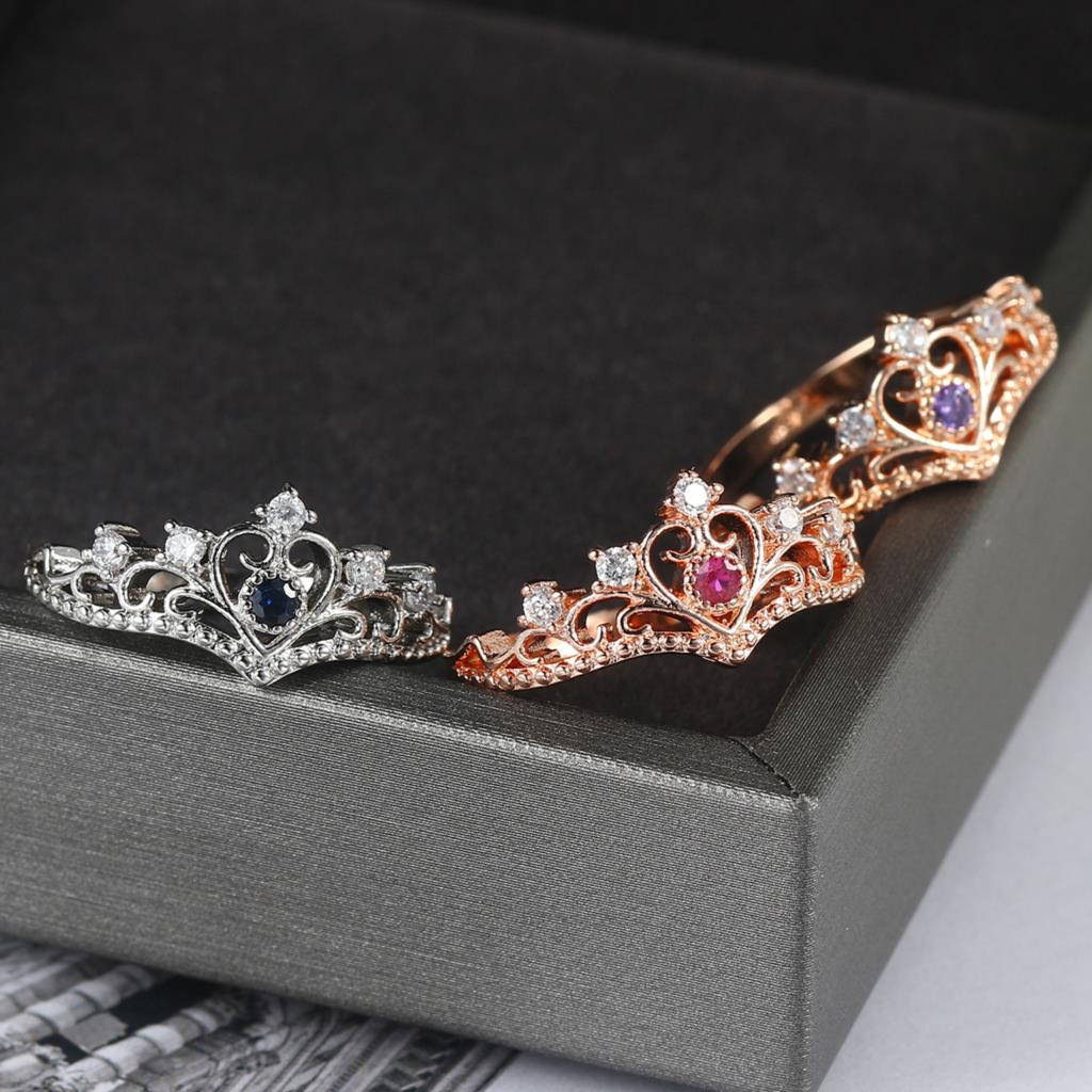 ZHOUYANG Rings For Women Luxury Hollow Out Princess Crown Blue Purple Red Zircon Rose Gold Color Fashion Jewelry KBR212