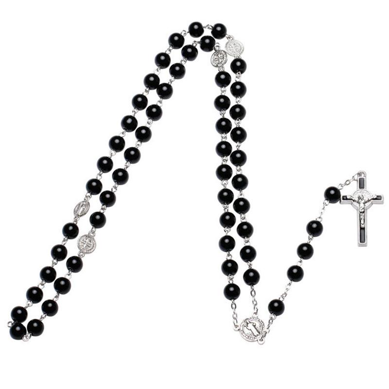 Catholic Black Rosary Beads Necklace For Women Men Cross Long Pendant Necklaces Praying Religious Zircon Church Gifts Rosarios