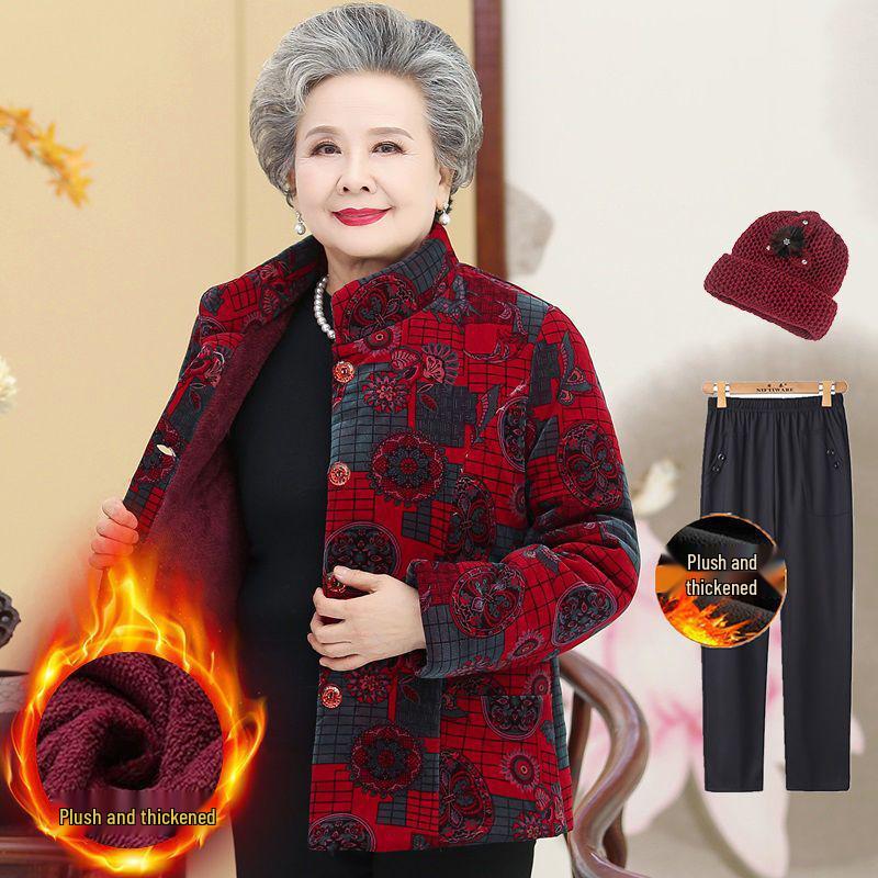 Fleece-Lined Winter Jacket for Middle-Aged and Elderly Women: Grandma Style, Thickened Cotton, Two-Piece Set (Top and Jacket).