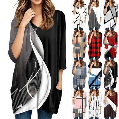 Womens Tops V-neck 3/4 Sleeve Blouses Casual Mid-length Shirts Fashion Print Tunic Tops With Pockets