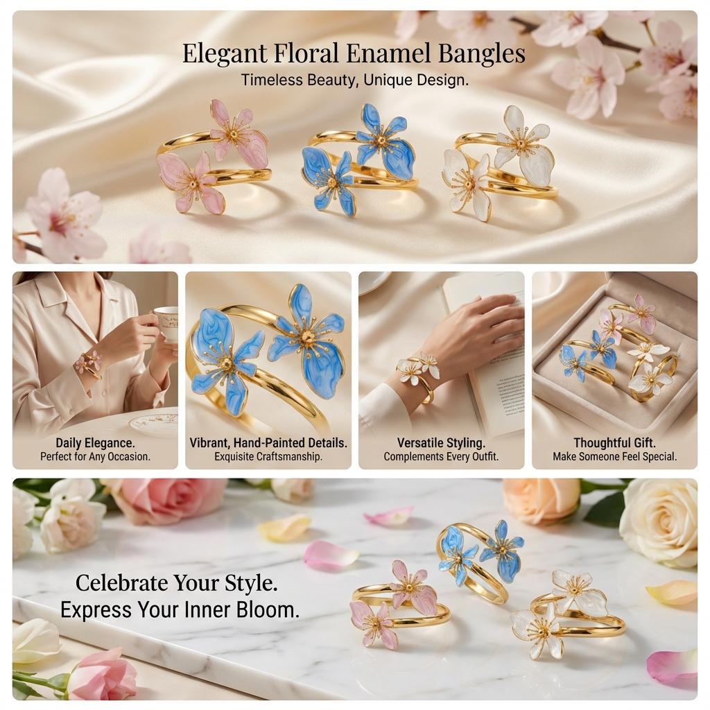 Elegantes Emaille-Blumen-Offenmanschettenarmband für Damen, Metall Goldbeschichtet, Rosa Weiß Blau, Florale Armreifen, Strandparty Urlaubs Schmuck