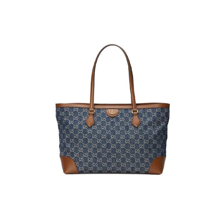 

Gucci GG Denim Canvas Tote Bag Blue Brown Leather Trim Gold Hardware Daily Shopping 631685-2KQGG-8375 Basic Set (Bag+Dust Bag)