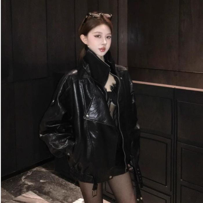 European retro leather jacket women's early autumn new design pu jacket locomotive jacket top