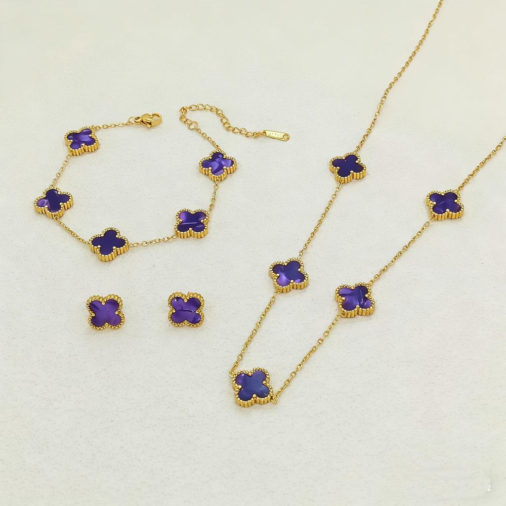 3PCS Double-sided Fritillary Titanium Steel Four-leaf Clover Five-flower Bracelet, Five-flower Necklace & Earring Set Gift
