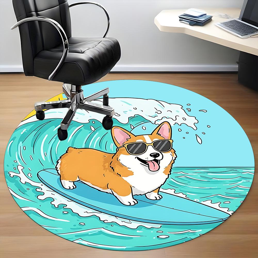 1PC Surfing Corgi Office Round Area Rug, Indoor Mat Suitable ForOffice, Under Office Chairs Bedroom Living Room Home Decor, Room Deco f008