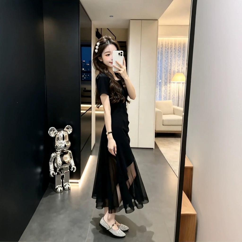 Early Summer Unique and Beautiful Black Mesh Short-sleeved Dress Children's Summer 2026 New French Square Collar Waist Dress