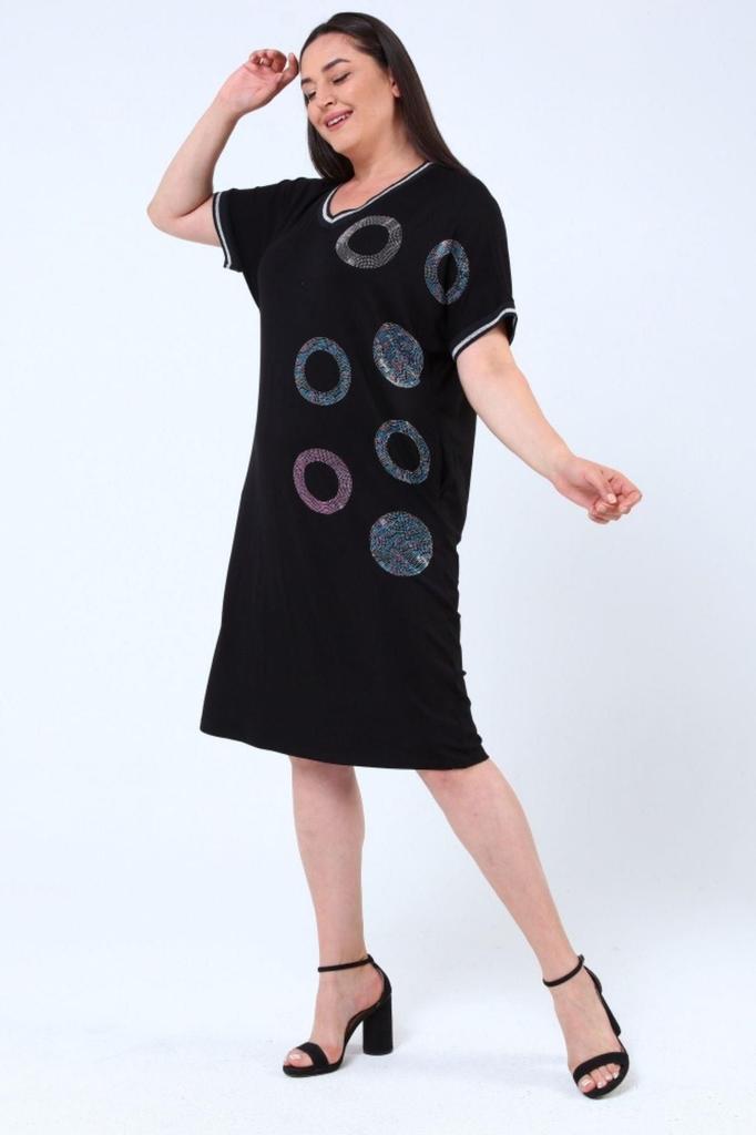 Damen Übergröße Kleid Plus Size Ringmuster Strass Schwarz