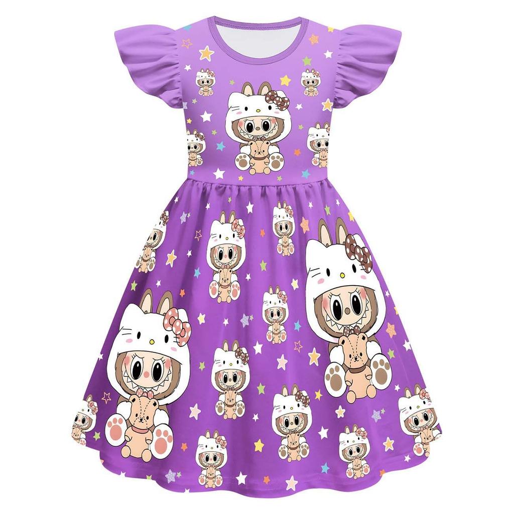New Children'S Dress Cosplay Labubu Girls Flying Sleeve Skirt 3D Digital Printing