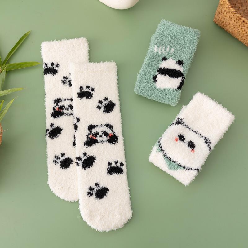 Autumn Winter Thickened and Warm Socks for Women in Cute Cartoon Panda Design Non Shedding Coral Velvet Socks for Home Use and Postpartum Care