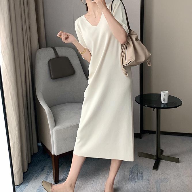 Summer Thin Cool Long Dress V-Neck Loose Slimming Straight Short Sleeve Knit Dress
