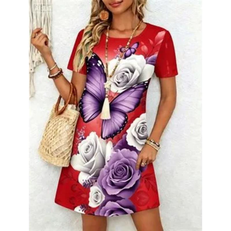 Fashion Women's Crew Neck Dress 3D Butterfly Color Printed Butterfly Dress