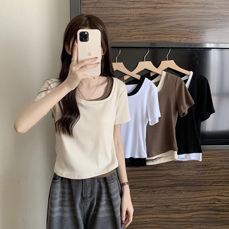 

Apricot Slimming Two-Piece Look Short Sleeve T-Shirt for Women - 2025 Spring/Summer European Style Top M чорний