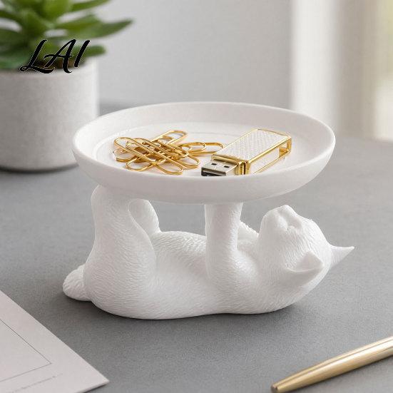 Cat Shape Ring Holder Jewelry Storage Rack Shape Anti-Falling Holder Durable Tray Resin Anti-Slip Space-Saving Organizer for Home Bathroom Bedroom