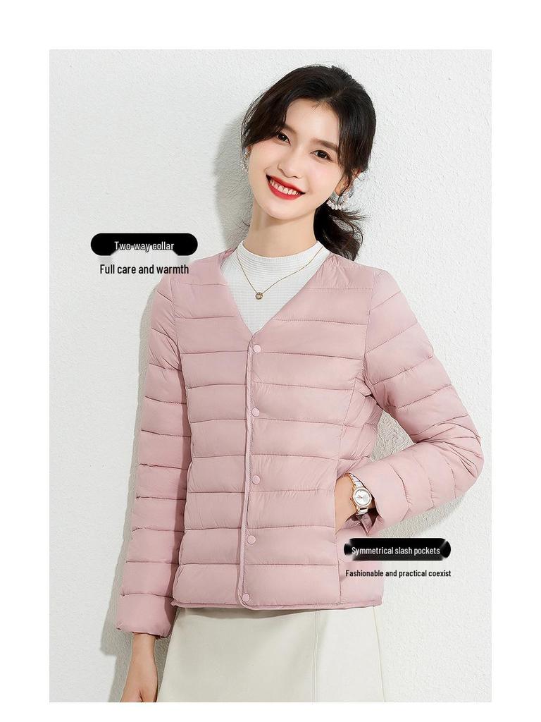 Women's Slim Fit Lightweight Crew Neck Down Jacket - Korean Style Warm Cotton-Padded Coat