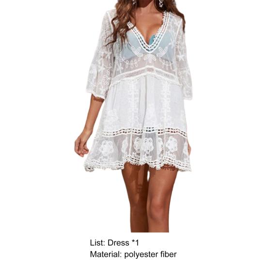 Swimsuit Cover Up Solid Color Deep V Neck Lace Quick Dry Swimwear